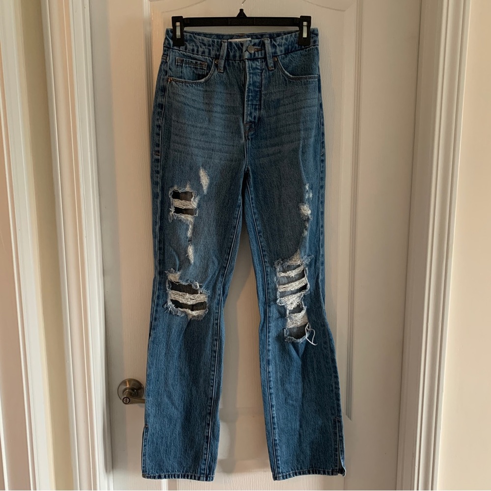 Women’s 0/25 GOOD AMERICAN Good Boy Blue194 Distressed Boyfriend Jeans